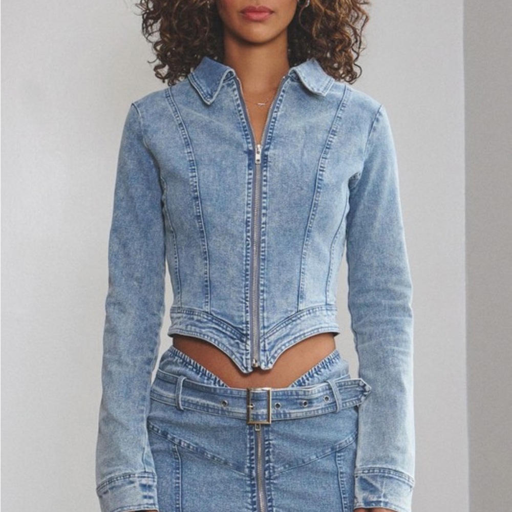 Stylish Blue Denim Jacket and Skirt Set